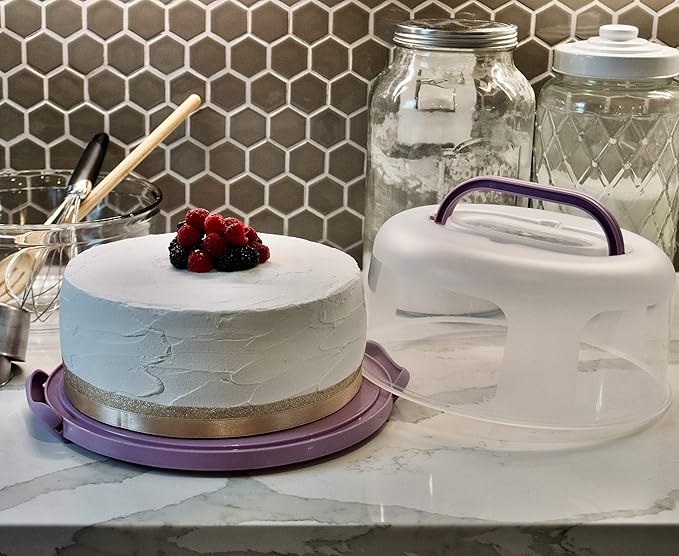 Top Shelf Elements Round Cake Carrier Two Sided Cake Holder Serves as Five Section Serving Tray, Portable Cake Stand Fits 10 inch Cake, Cake Box Comes With Handle, Cake Container Holds Pies (Lilac)