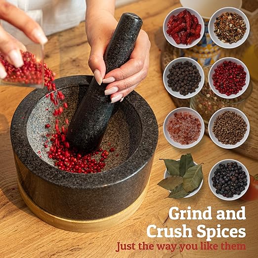 PriorityChef Heavy Duty Mortar and Pestle Set with Bamboo Base, 100% Natural Granite Stone Grinder, Guacamole Bowl and Masher, 4 Cups, Black