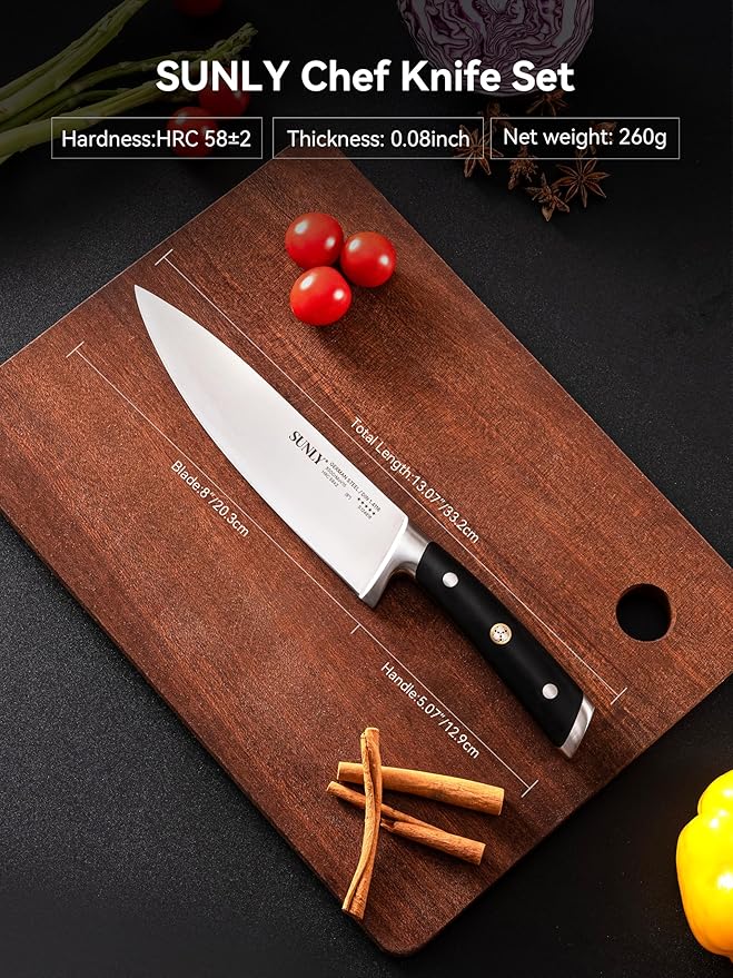 SUNLY Chef Knife, 8 Inch Professional Kitchen Knife with German 1.4116 Stainless Steel, 58±2 HRC Hardness, Full-Tang Design, Anti-Slip Handle for Meat, Fruits, Vegetables, Gift-Ready Magnetic Box