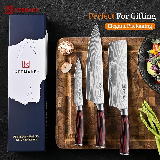 KEEMAKE 3 Pieces Kitchen Knife Set, Professional Ultra Sharp Chef Knife Set