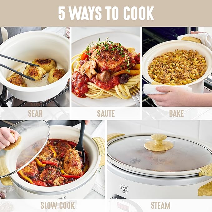 GreenLife 8QT Ceramic Nonstick Slow Cooker, Cooktop/Oven Safe, Cream