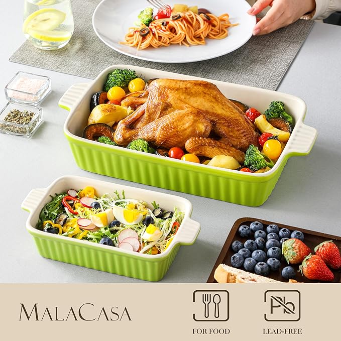 MALACASA Ceramic Baking Dishes Set of 4, Deep Casserole Dish, Green