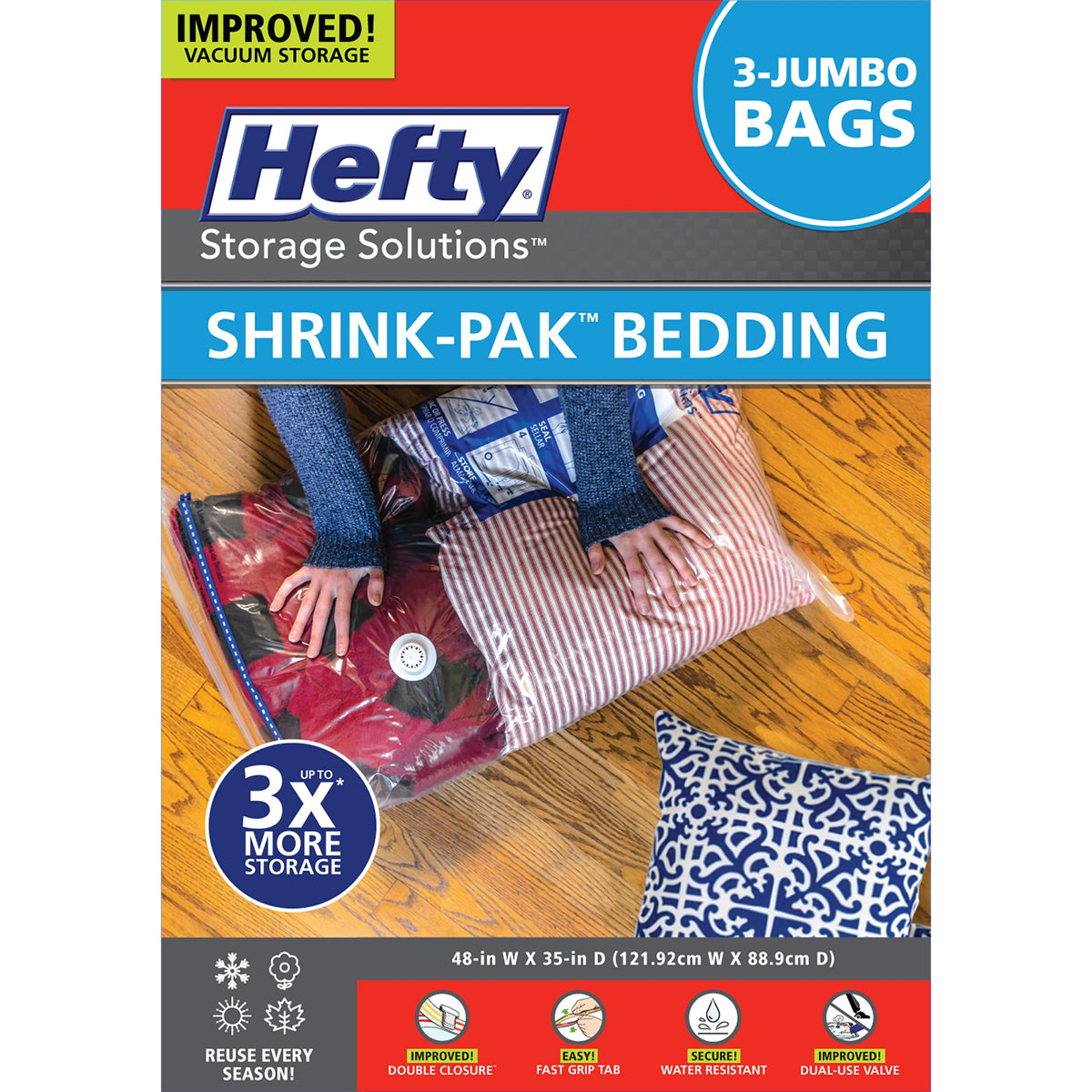 Hefty Shrink-Pak Starter Kit - 2 Large, 1 XL Cube, 1 Jumbo Vacuum Seal Storage Bag and Hand Pump – Space Saver Bags for Clothing, Pillows, Towels, or Blankets, 5 Pc Set