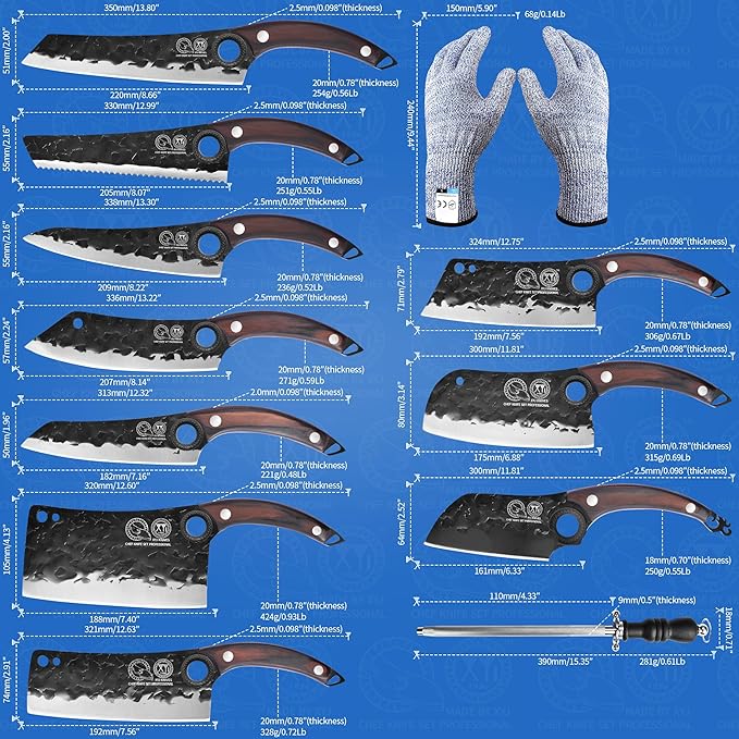 XYJ Professional Kitchen Knife Set with Bag, Forged Blades, Full Tang