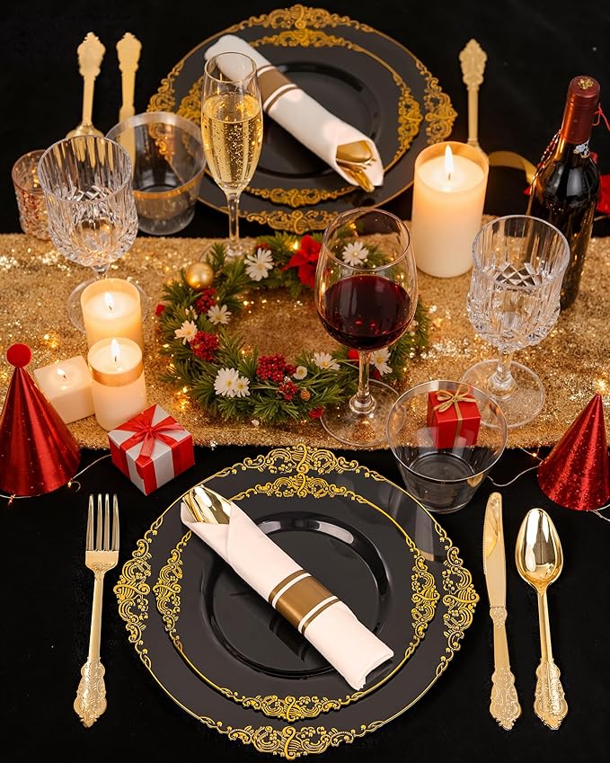 Nervure 350Pcs Black Plastic Plates, Plastic Dinnerware Set for 50 Guests