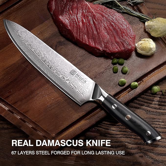 PAUDIN Chef Knife 8 Inch, Damascus Kitchen Knife with G10 Handle