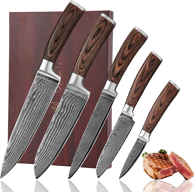 Wakoli EDIB Damascus Knife Set, 5-Piece VG10 Steel Knives, Wooden Gift Box