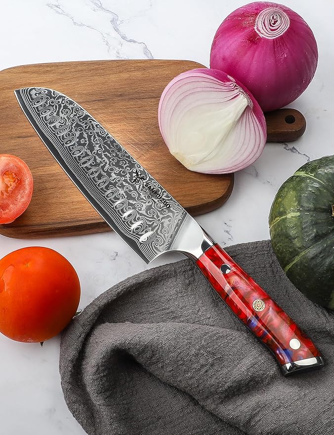 SANMUZUO Santoku Knife - 7 inch - Xuan Series - VG10 Damascus Steel Kitchen Knife - Resin Handle (Sunset Red)