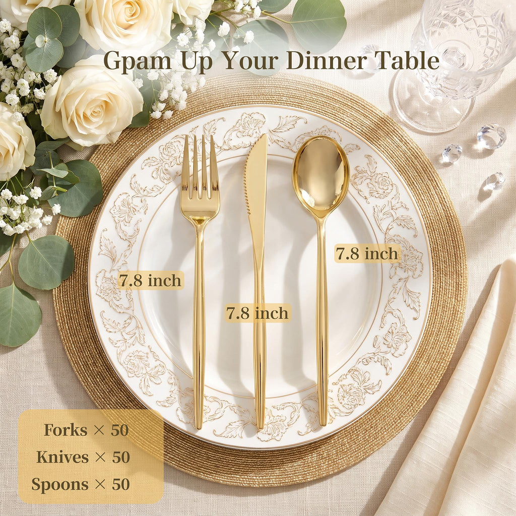 SUT 150PCS Gold Plastic Silverware Set, Heavy Duty Disposable Cutlery for Party,Includes 50 Forks, 50 Spoons and 50 Knives, Elegant Plastic Flatware for Wedding, Birthday and Catering
