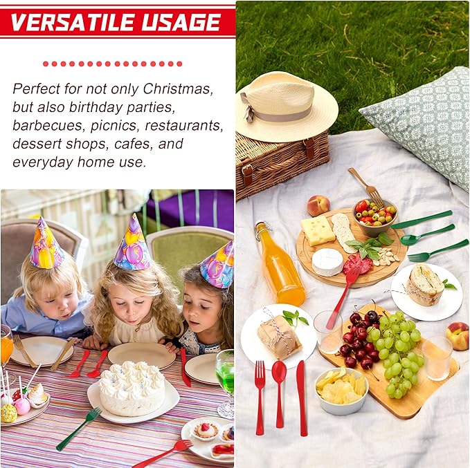 Kochorie 300 Pieces Christmas Plastic Silverware Heavy Duty Plastic Cutlery Set Heavyweight Disposable Flatware Includes Christmas Spoons Knives Forks for Christmas New Year Party