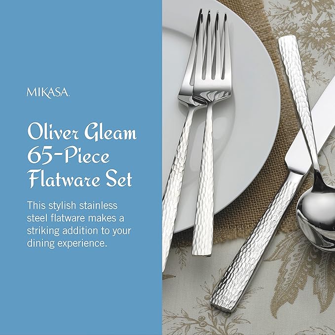 Mikasa Oliver Mirror 18/10 Stainless Steel Flatware Set for 12, 65-Piece Silverware Set with Serving Utensils, Dishwasher Safe Cutlery Set