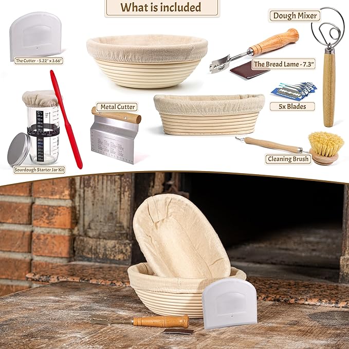 Sourdough Starter Kit – Complete Sourdough Bread Baking Supplies with 24oz Glass Sourdough Starter Jar, 9” Round & 10” Oval Banneton Proofing Basket Set, Sourdough Tools – Artisan Gift for Bakers