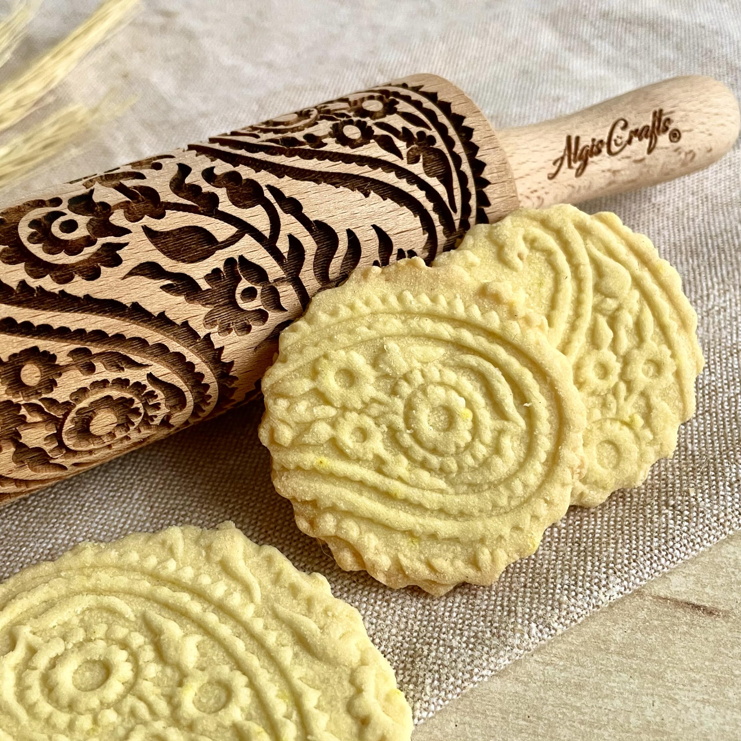 LOVELY DAY 3 KID Rolling Pin SET with HEART, PAISLEY and SPRING patterns. Wooden Laser Cut Mini embossing Rolling Pins for cookies, play dough, salt dough or clay by Algis Crafts