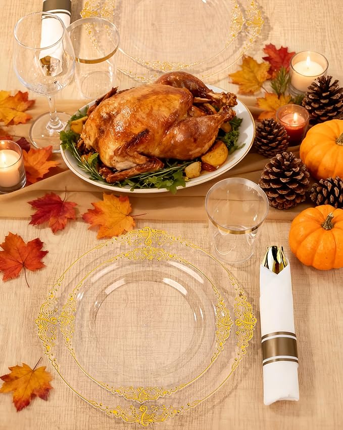 Nervure 350Pcs Clear Gold Plastic Plates, Dinnerware Sets for 50 Guests