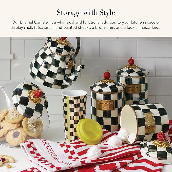 MACKENZIE-CHILDS Enamel Canister, Large, Black-and-White Courtly Check