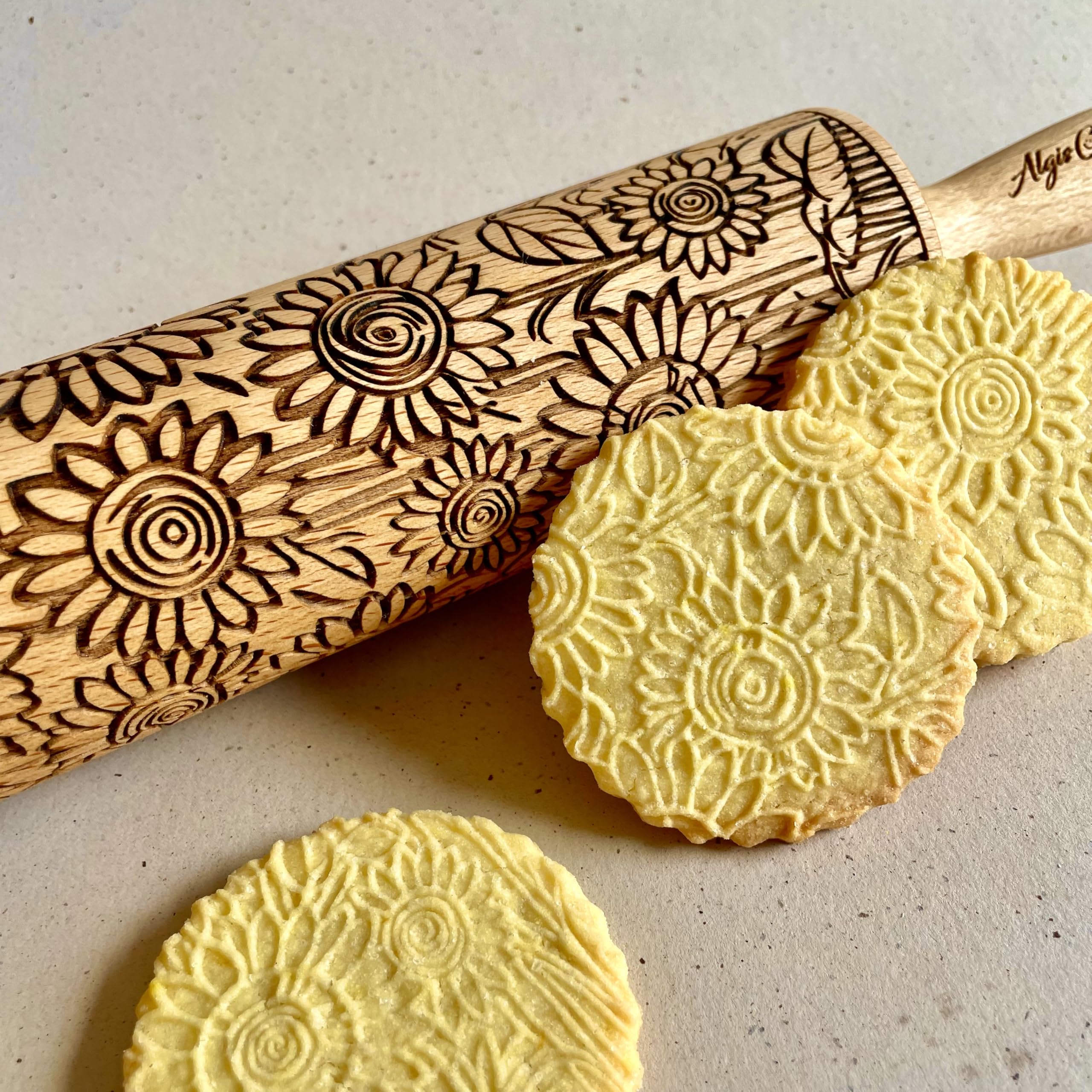 SUNFLOWER FIELD Embossed Rolling Pin for Ceramic. Clay Roller and Ceramic Stamp for Embossing Pottery. Baking Gifts for Women by Algis Crafts for Embossed Cookies