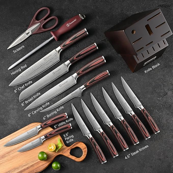 Knife Set with Block and Sharpener, 15 Piece Kitchen Knife Block Set