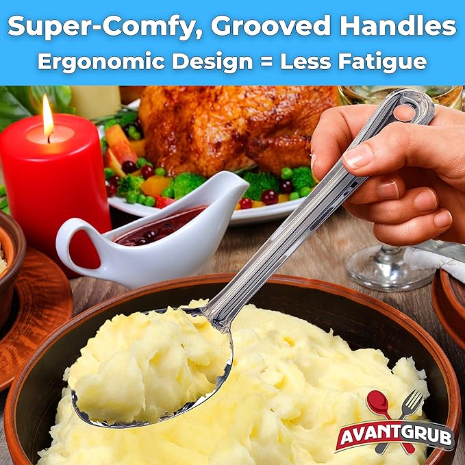 Super Strong, Ergonomic 11 in Serving Spoon 5 Pk. Big, Perforated Stainless Steel Spoons for Cooking, Baking and Basting. Best Kitchen Flatware for Buffet and Banquet Service in Restaurants and Homes