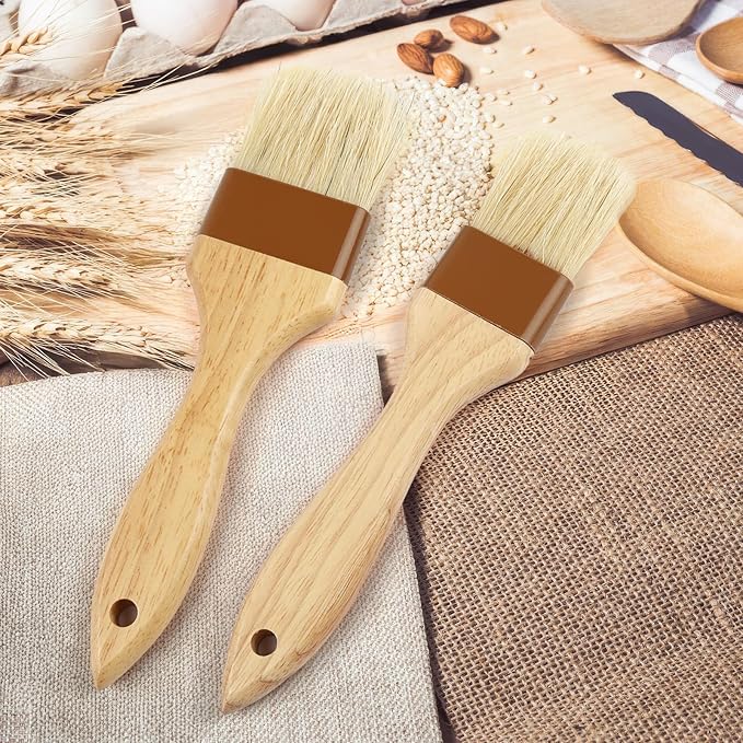 2 Pcs Natural Bristle Pastry Brush, Beech Wooden Handle Basting and BBQ Brushes for Cooking, Butter, Oil, Marinade, Grilling & Baking, Kitchen Food Brush (1.5 inch & 2 inch)