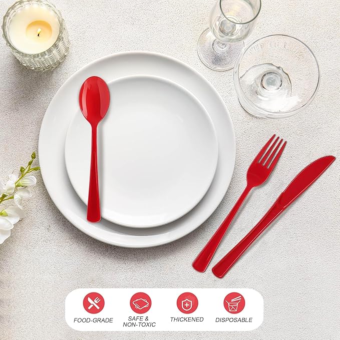 Kochorie 300 Pieces Red Plastic Silverware, Heavy Duty Plastic Cutlery Set