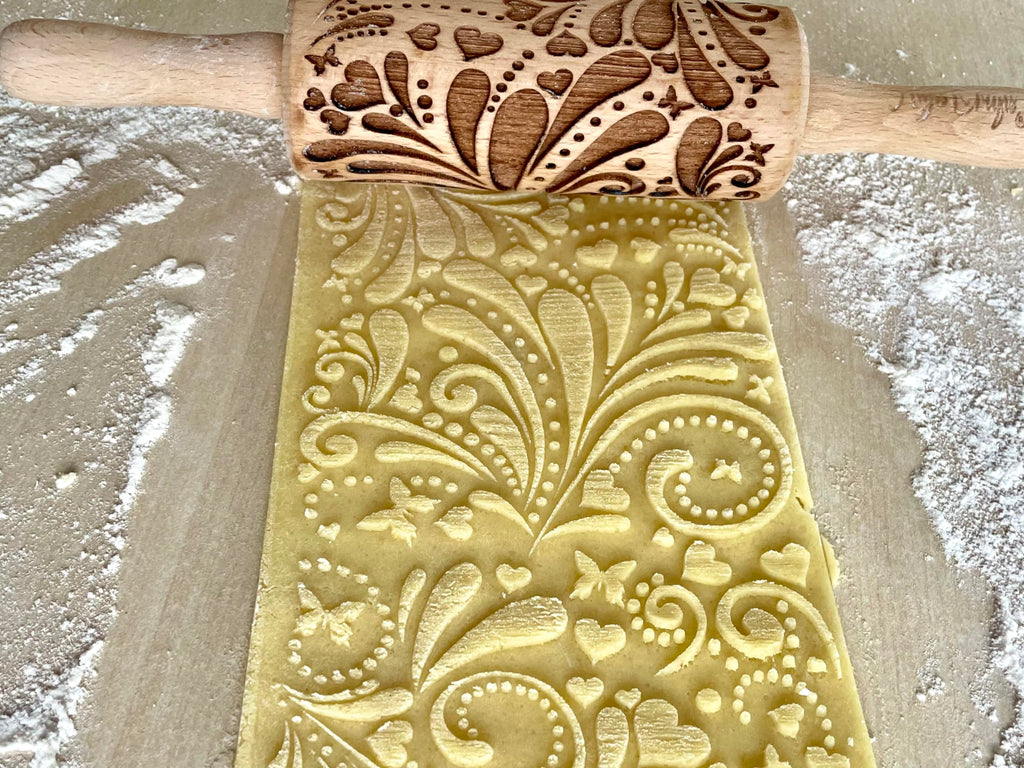 LOVELY DAY 3 KID Rolling Pin SET with HEART, PAISLEY and SPRING patterns. Wooden Laser Cut Mini embossing Rolling Pins for cookies, play dough, salt dough or clay by Algis Crafts