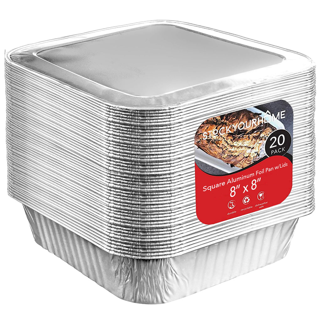 Stock Your Home 8x8 Foil Pans with Lids (20 Pack) 8 Inch Square Aluminum Pans with Covers -Disposable Food Containers Great for Baking Cake, Cooking, Heating, Storing, Prepping Food