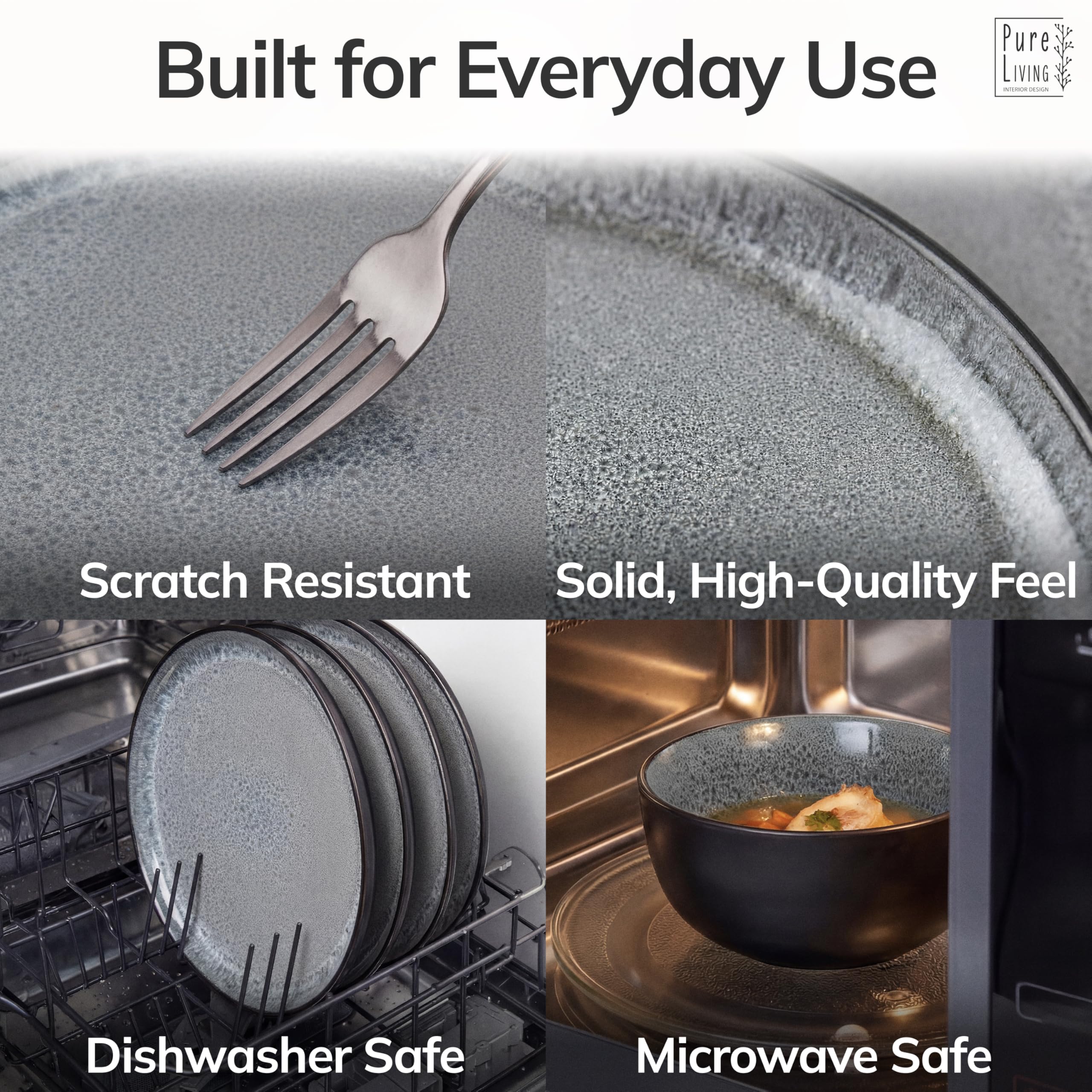32 Piece Stoneware Dinnerware Set for 8 - Handmade Reactive Glaze Plates and Bowls Set - Chip & Scratch Resistant Dish Set - Dishwasher Microwave Safe - Dark Gray