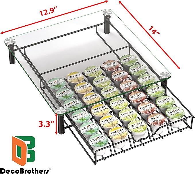Deco Brothers Tempered Glass K-Cup Holder Drawer for 30 Coffee Pods, Black