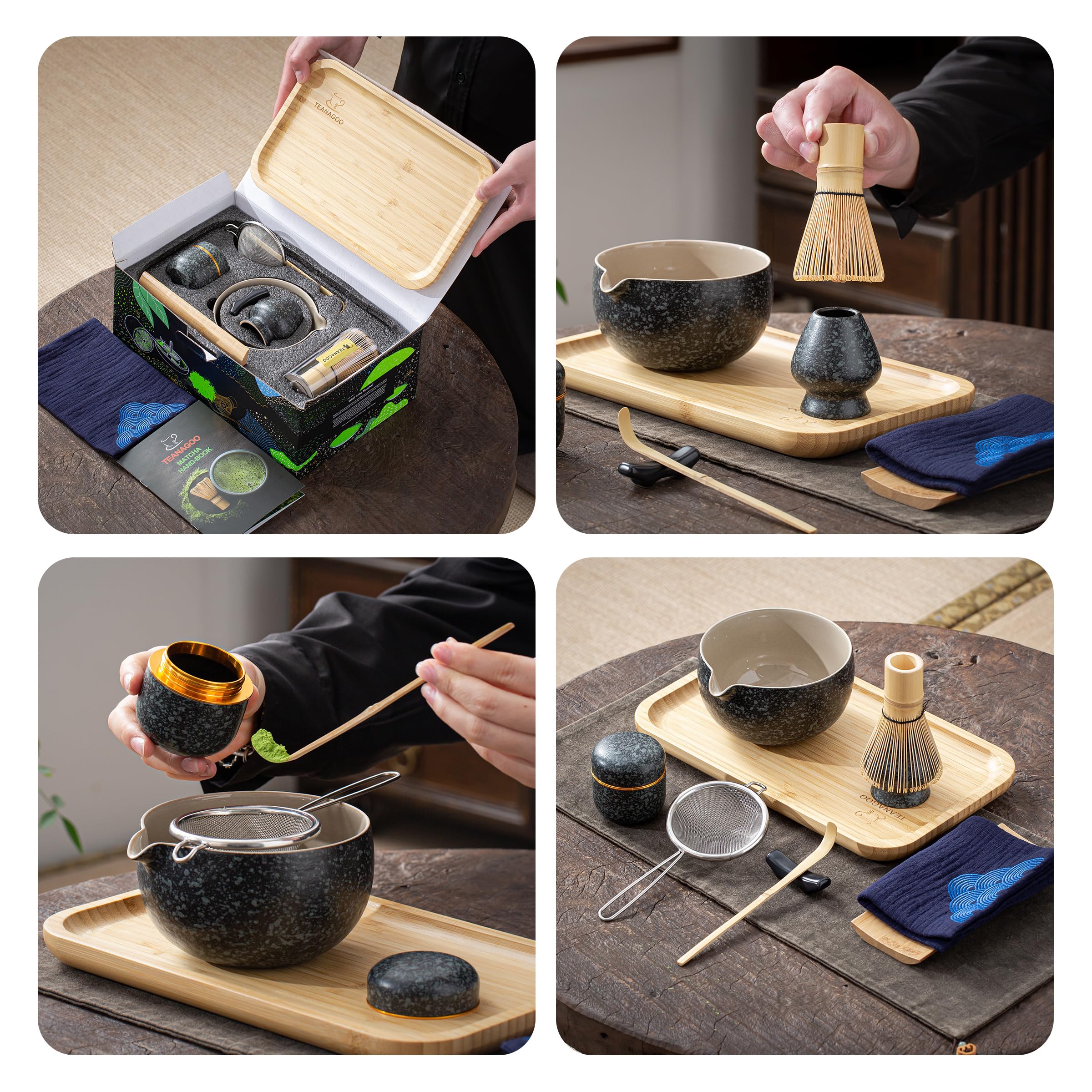 TEANAGOO Matcha Whisk Set, 10 Pcs Complete Set, Black, Matcha Kit with Tray, Bowl, Scoop, Sifter, Powder Jar, Gift for Matcha Lovers