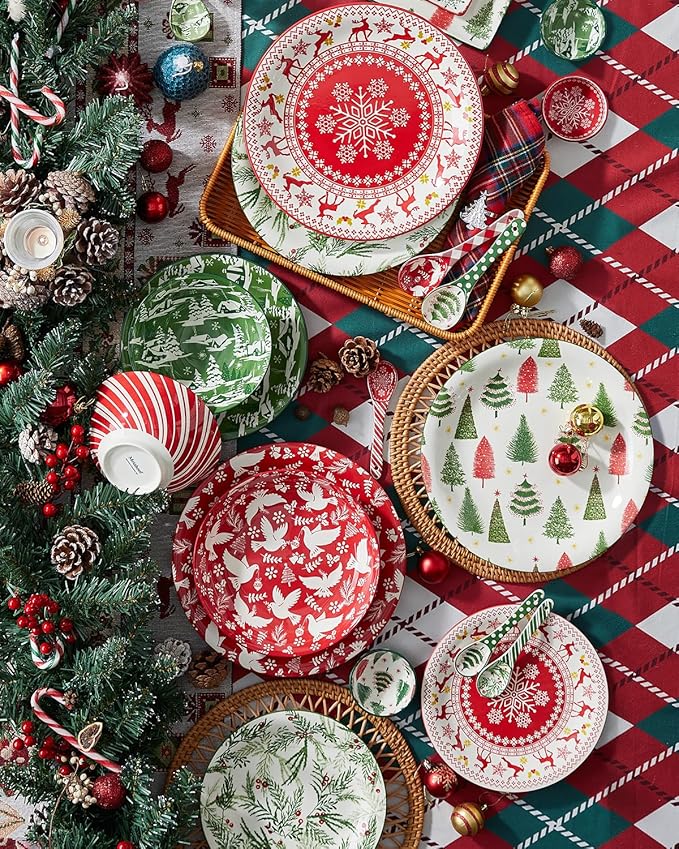 Metahom Christmas Pasta Bowl Set, 8 Inch Salad Serving Bowl, Wide and Shallow Bowl Plate for Kitchen, Dishwasher and Microwave Safe, Set of 6