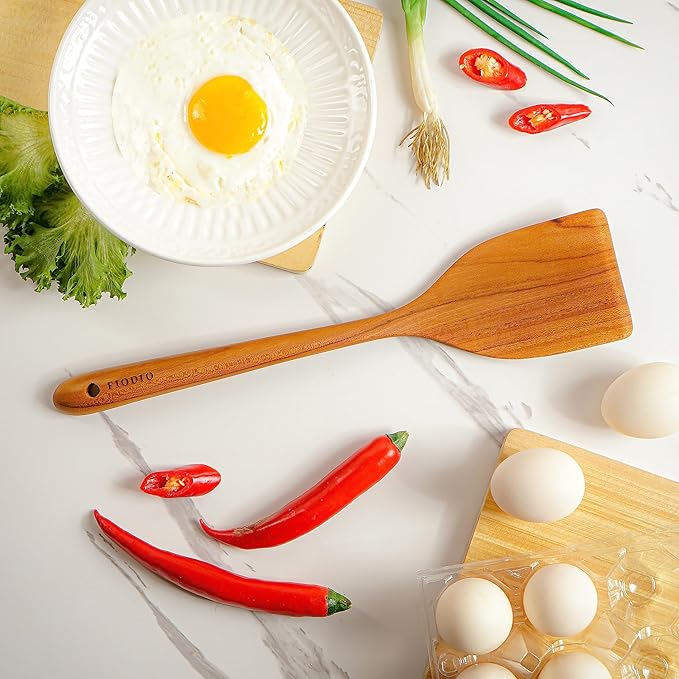 Fiodio Home Teak Wooden Spatula for Cooking – Handcrafted Non-Stick Kitchen Utensil with Comfort Grip & Microfiber Cloth