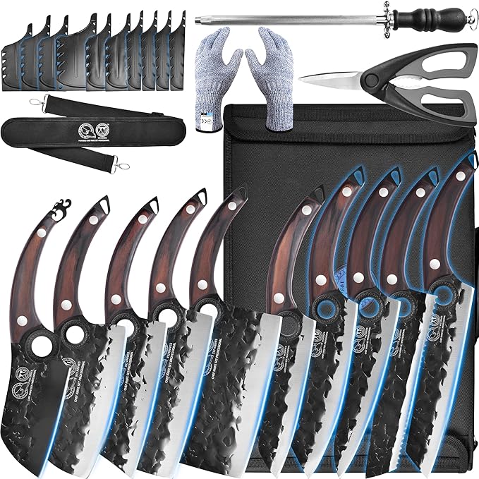 XYJ Professional Kitchen Knife Set with Bag, Forged Blades, Full Tang