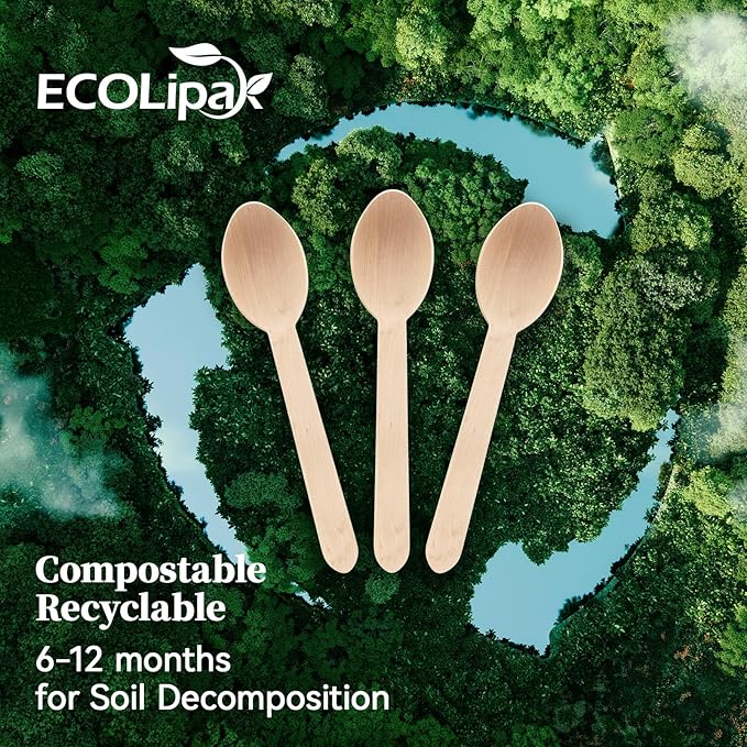 ECOLipak 300 Count Compostable Wooden Disposable Spoons for Party, Dinner
