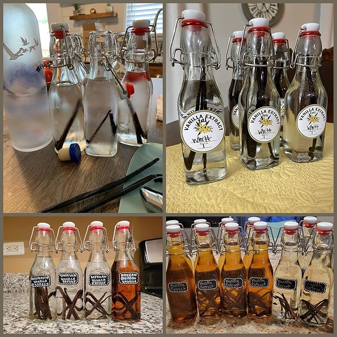Vanilla Extract Bottles [8.5 oz, 6-Pack] – Flip Top Swing Top Glass Bottles for Homemade Extracts, Kombucha, Coquito, Juice – Airtight Leak-Proof Caps with Funnel, Extra Gaskets, Labels & Marker