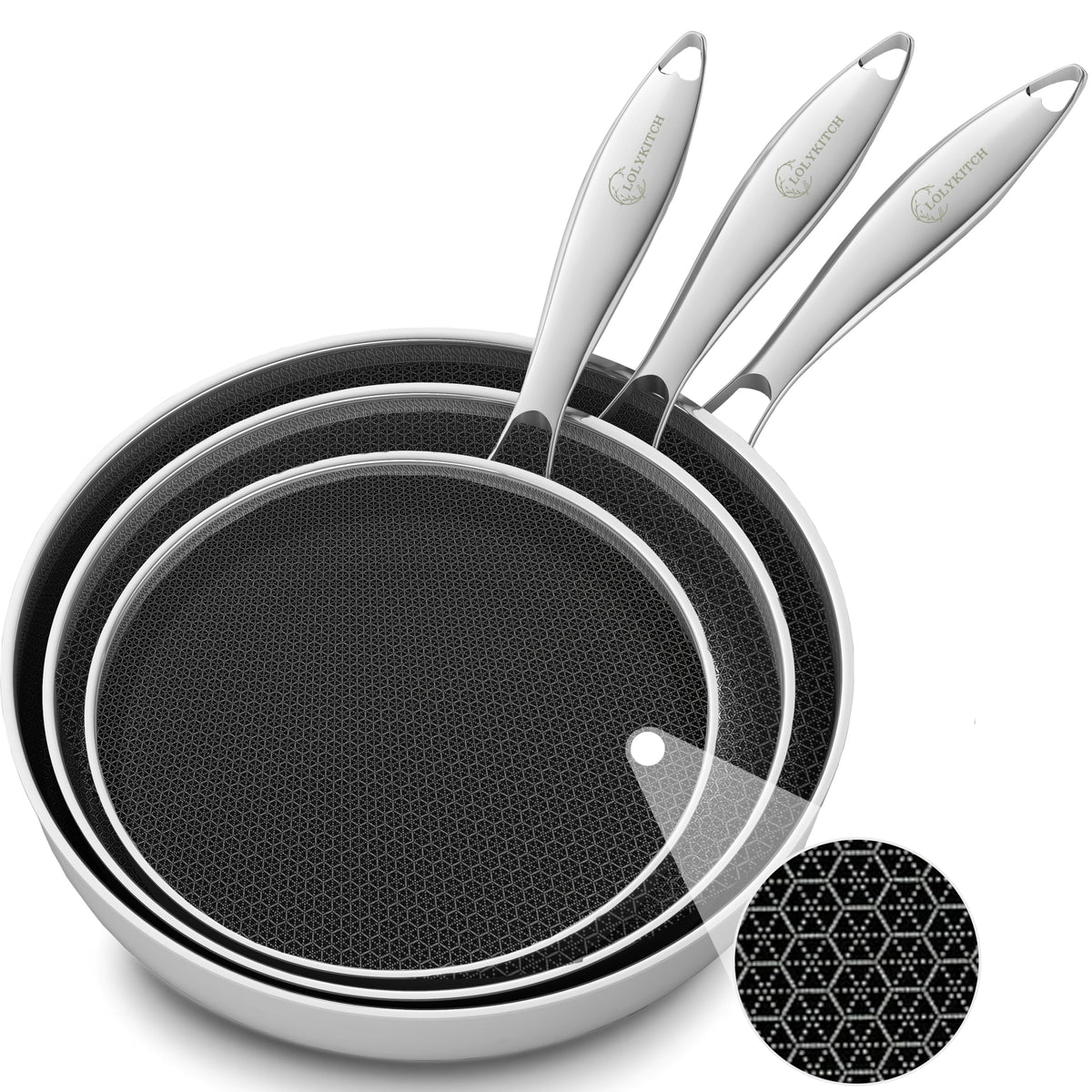 LOLYKITCH 9.5 Inch Small Stainless Steel Pan | Tri-Ply | PFOA & PTFE Free