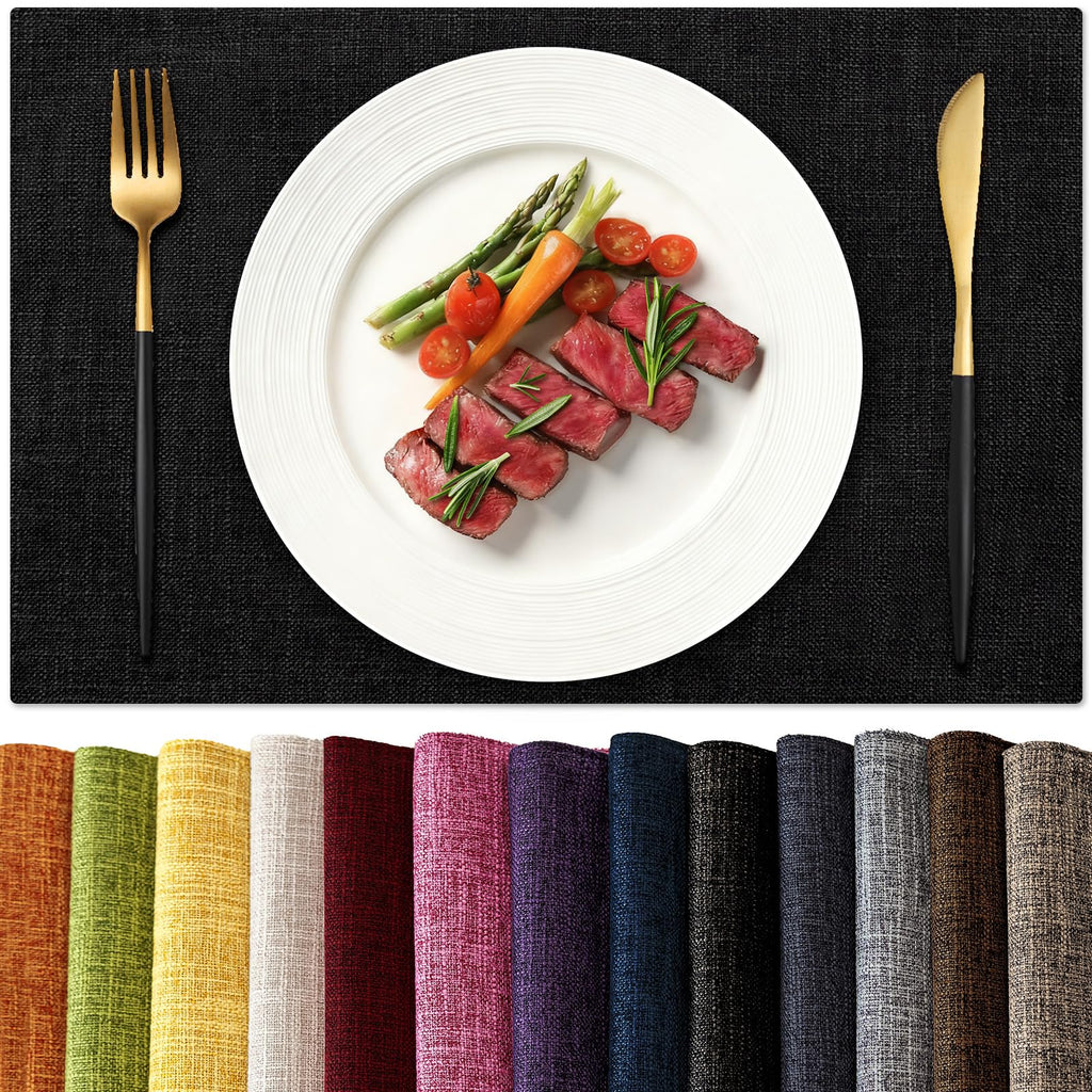 KXN Placemats Set of 4, Dual-Layer Thickened Faux Linen Table Mats, Heat Resistant & Wrinkle-Free, Machine Washable Cloth Place Mats for Kitchen Dining Indoor Outdoor (Black)