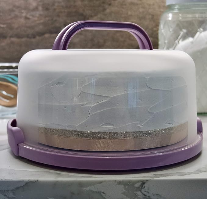 Top Shelf Elements Round Cake Carrier Two Sided Cake Holder Serves as Five Section Serving Tray, Portable Cake Stand Fits 10 inch Cake, Cake Box Comes With Handle, Cake Container Holds Pies (Lilac)