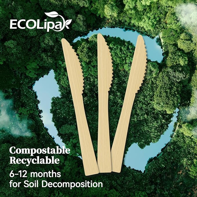 ECOLipak 300 Count Disposable Compostable Bamboo Knives for Party, Dinner