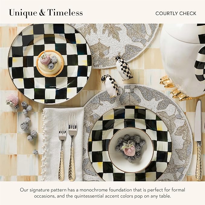MACKENZIE-CHILDS Enamel Dinner Plate Set, Black-and-White Courtly Check