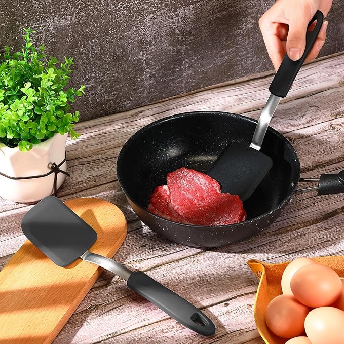 Yetene Silicone Cookie Spatula Turner 2 Pack Mini Brownie Spatula Flexible Kitchen Small Silicone Turner for Nonstick Cookware Heat Resistant No Scratch Flipper for Egg(Solid Flat,Black, Grey)