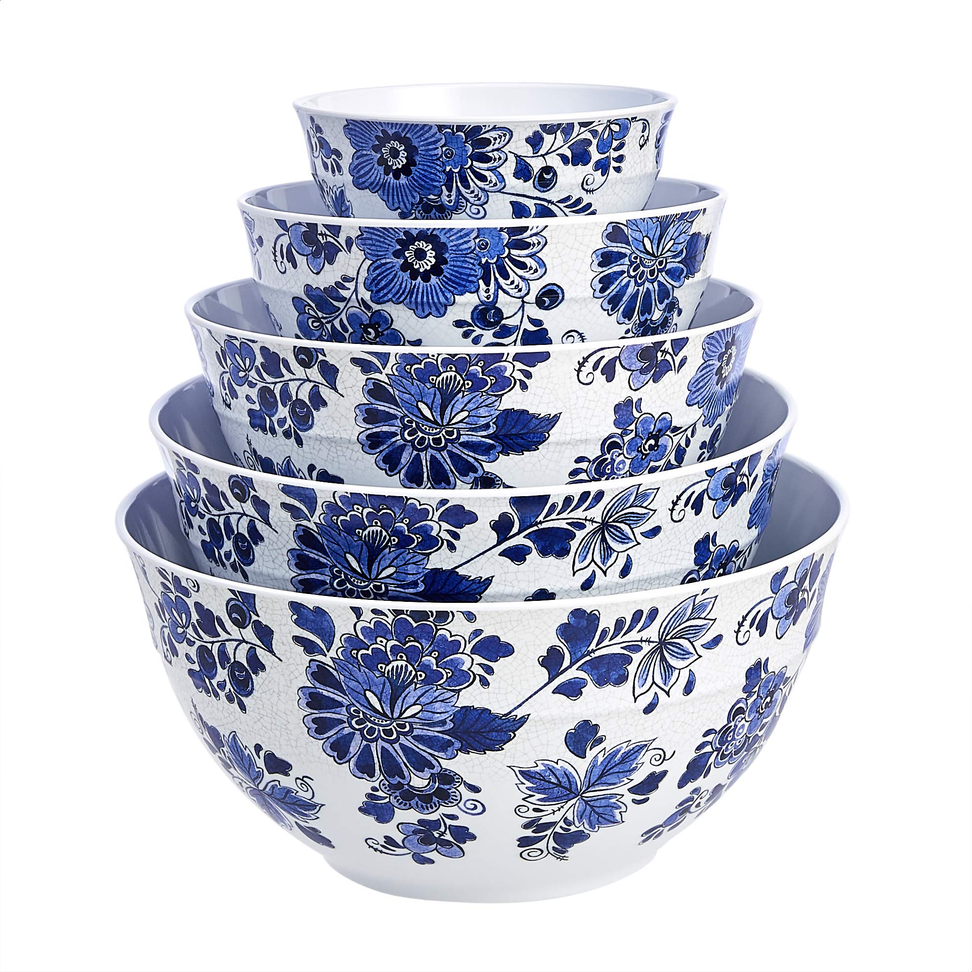 Mixing Bowls with Lids, Nesting Melamine Serving Bowls, Non-Slip Base, BPA Free, Dishwasher Safe, 5 Sizes, Blue and White Floral, Set of 10