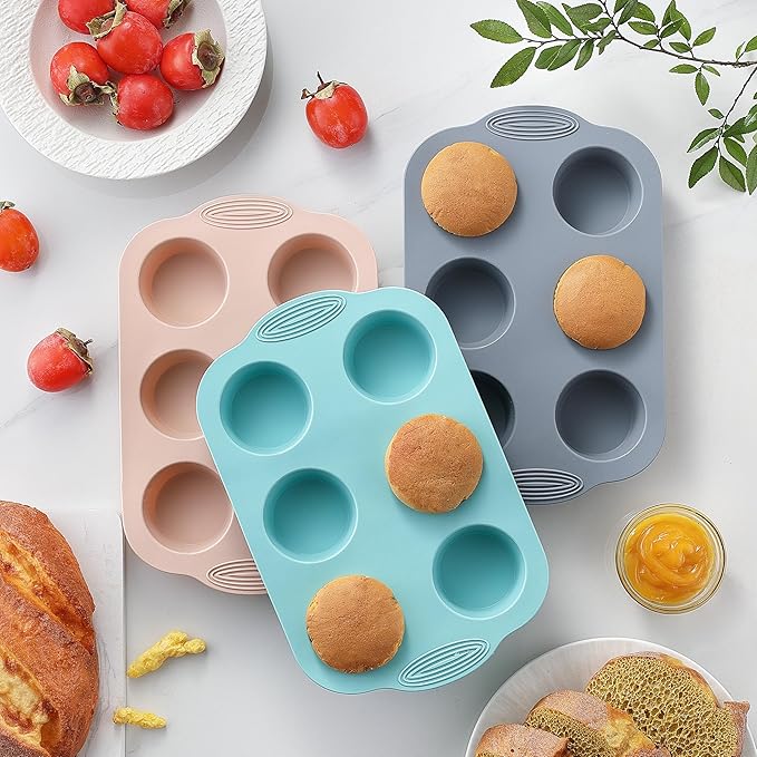 XZZWLL Silicone Muffin Pan, Food Grade Silicone Cupcake Molds for Baking Muffins and Cupcakes, 6-Cup Nonstick Cupcake Pan, Easy Cleaning and BPA-Free (Gray, Orange, Blue)