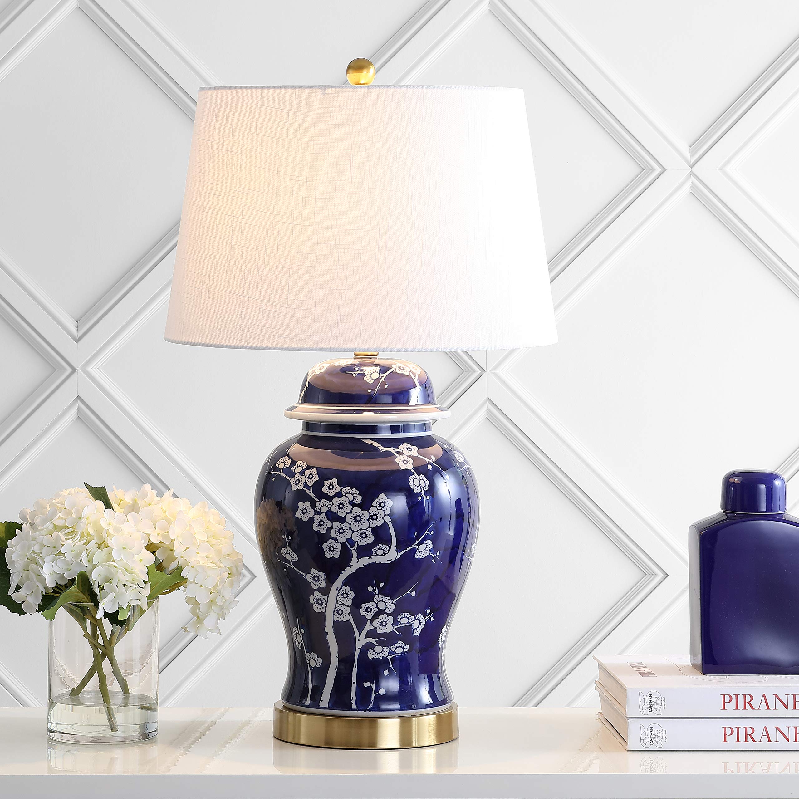 JONATHAN Y Gracie Ceramic Ginger Jar Table Lamp 29.5", White/Navy