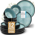 Stoneware Dinnerware Set for 4, 12 Piece Plates and Bowls Set - Handmade Reactive Glaze, Chip & Scratch Resistant Sets - Dishwasher Microwave Safe, Modern Kitchen Dinner Service in Dark Petrol Blue