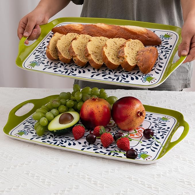 ZAROCRUS Large Serving Platter with Handles,19”x12”Large Rectangular Melamine Serving Tray Set of 2, Kitchen Food and BBQ Serving Platter, Talavera Grilling Prep and Serve Tray, Dishwasher Safe