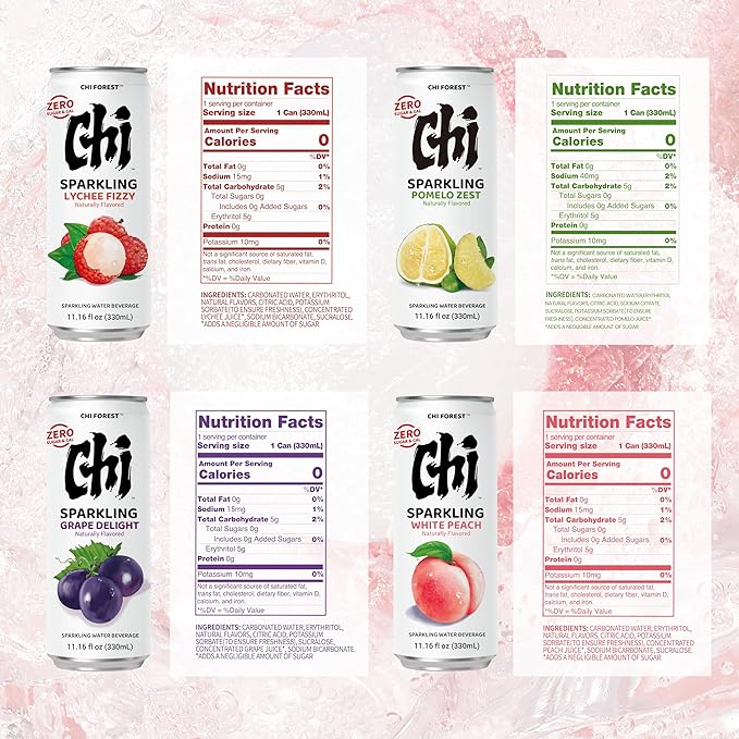 CHI FOREST 4 Flavors Pack Sparkling Water, Lychee, Peach, Grape, Pomelo