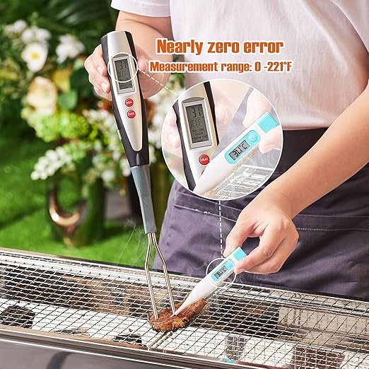 lfcforldx Meat Thermometer Fork for BBQ & Grilling – Instant Read Food Thermometer with Preset Meat Temperatures, Long Heat-Safe Handle, Backlit LCD for Steak, Chicken & Outdoor Cooking, Black