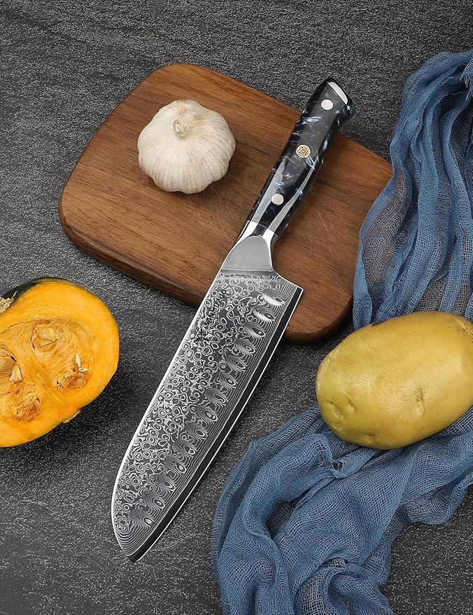 SANMUZUO Santoku Knife - 7 inch - Xuan Series - VG10 Damascus Steel Kitchen Knife - Resin Handle (Starry Black)