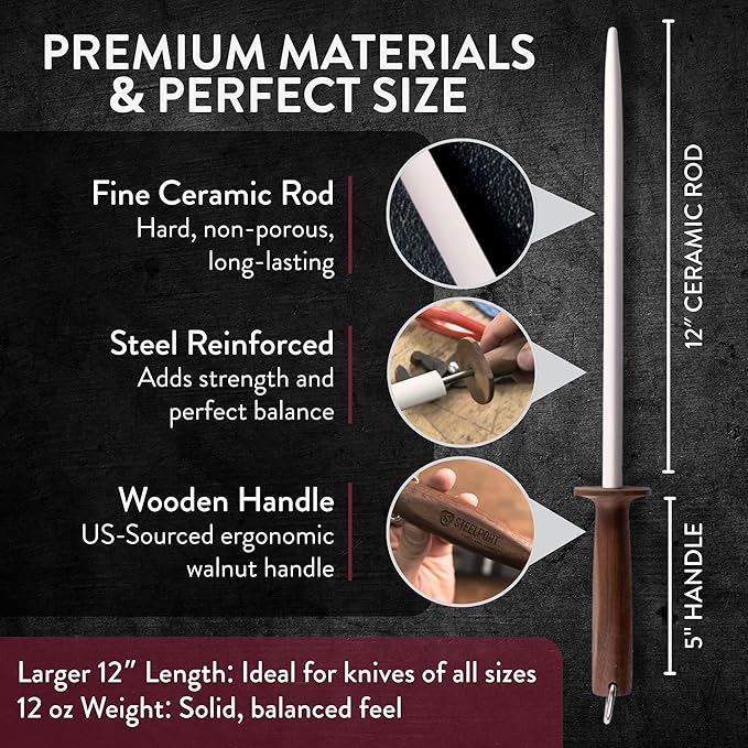 STEELPORT 12" Oval Ceramic Honing Rod for Carbon & Stainless Steel Knives