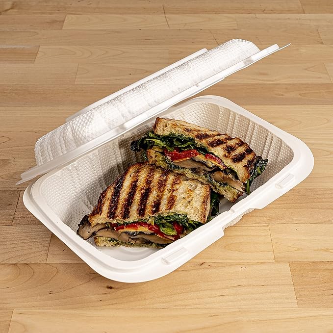 TIYA Clamshell Food Containers - White Bulk 200 Pack, 9x6 in - BPA-Free Mineral-Filled To-Go Containers - Reusable, Microwavable, Hinged, Tall Takeout Clamshells - Great for Meal Prep